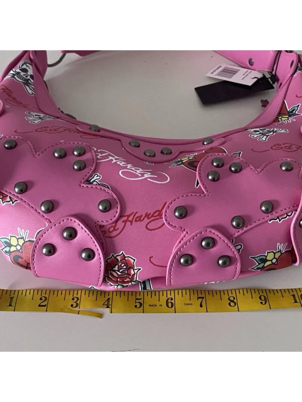 Ed Hardy Pink Hobo Shoulder Bag Studded Heart Rose Skull Cross Charms NEW‎